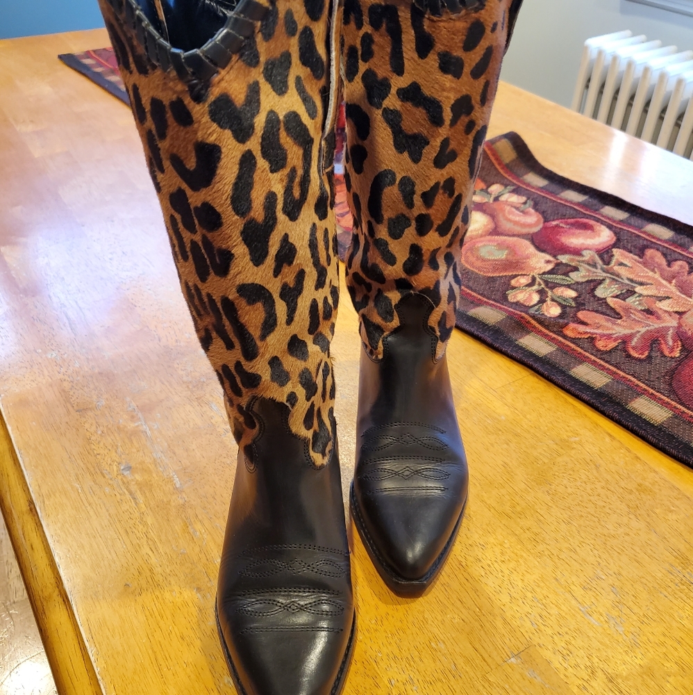 Saks Fifth Avenue Leopard-Print and Black Leather Knee Boots